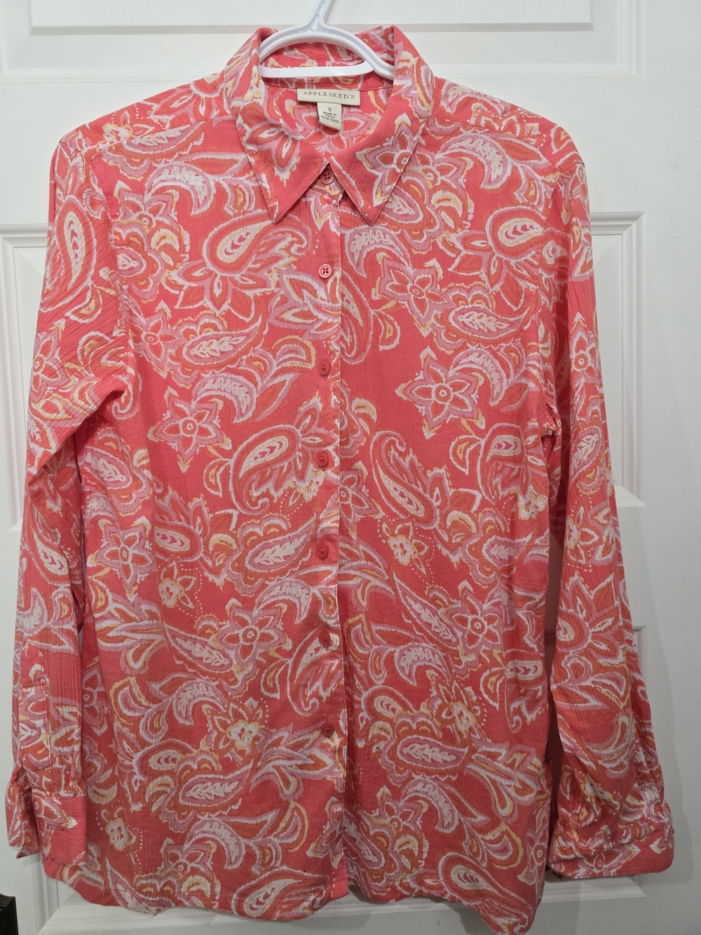 Appleseed's Coral Paisley Button-Up Blouse